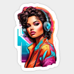 Chic girl with headphones retro vintage 80s design Sticker